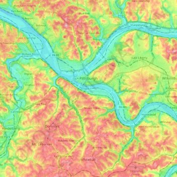 Mapa topográfico Pittsburgh, altitud, relieve