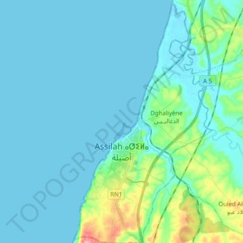 Mapa topográfico Assilah, altitud, relieve