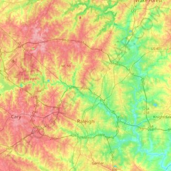 Mapa topográfico Raleigh, altitud, relieve