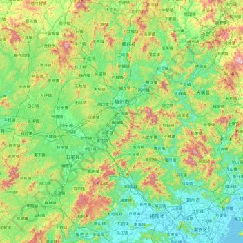 Mapa topográfico Meizhou, altitud, relieve