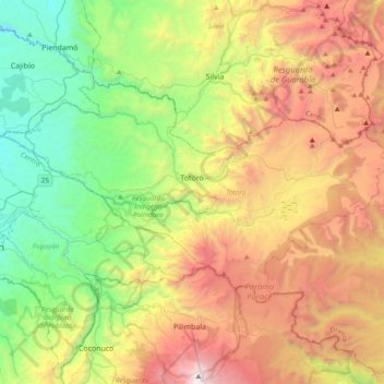 Mapa topográfico Totoró, altitud, relieve