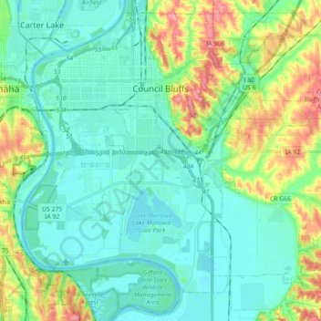 Mapa topográfico Council Bluffs, altitud, relieve