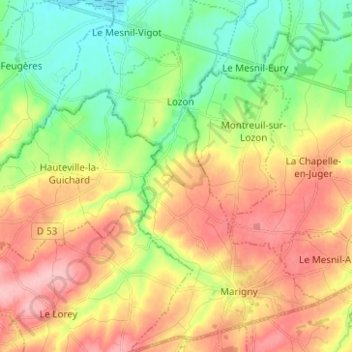 Mapa topográfico Marigny-Le-Lozon, altitud, relieve