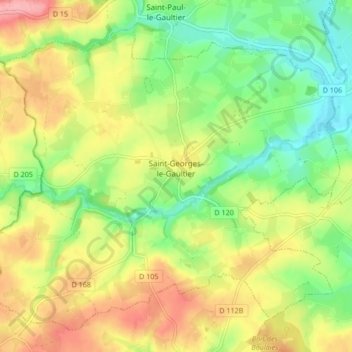 Mapa topográfico Saint-Georges-le-Gaultier, altitud, relieve