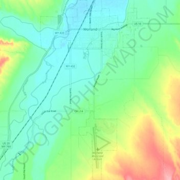 Mapa topográfico Worland, altitud, relieve