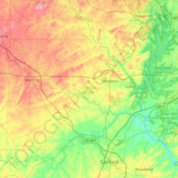 Mapa topográfico Chatham County, altitud, relieve