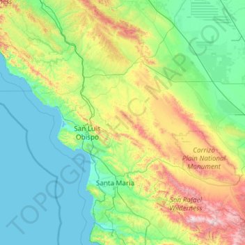 Mapa topográfico San Luis Obispo County, altitud, relieve