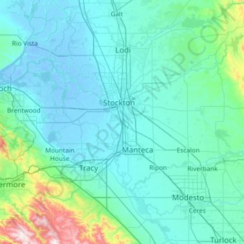 Mapa topográfico San Joaquin County, altitud, relieve