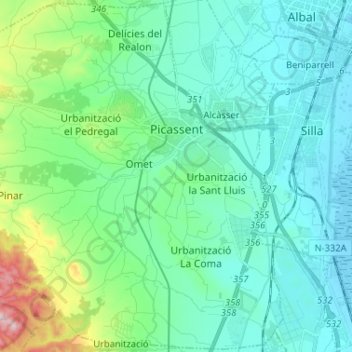 Mapa topográfico Picasent, altitud, relieve