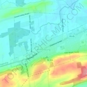 Mapa topográfico Mifflinburg, altitud, relieve