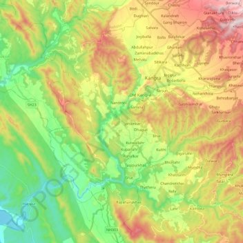 Mapa topográfico Kangra, altitud, relieve