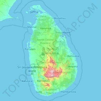Mapa topográfico Sri Lanka, altitud, relieve