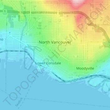 Mapa topográfico North Vancouver, altitud, relieve