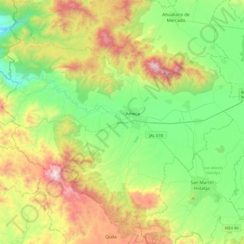Mapa topográfico Ameca, altitud, relieve