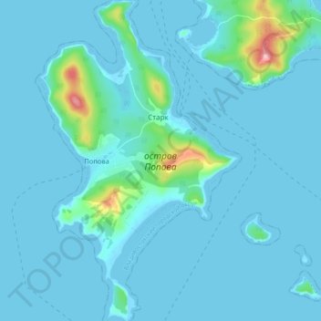 Mapa topográfico остров Попова, altitud, relieve