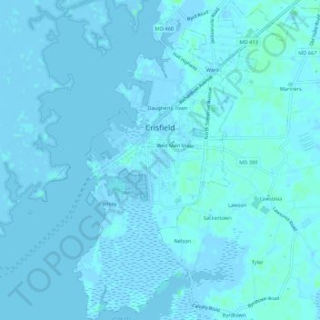 Mapa topográfico Crisfield, altitud, relieve