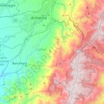 Mapa topográfico Calarcá, altitud, relieve