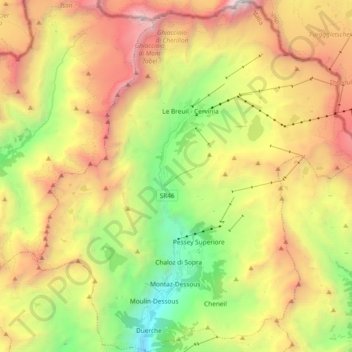 Mapa topográfico Valtournenche, altitud, relieve