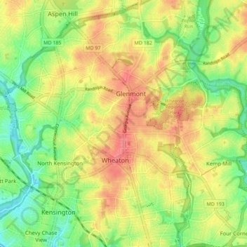 Mapa topográfico Wheaton, altitud, relieve