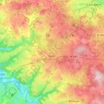 Mapa topográfico Ajain, altitud, relieve
