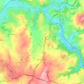 Mapa topográfico Cheddleton, altitud, relieve