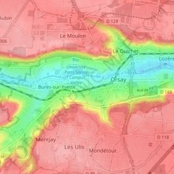 Mapa topográfico Orsay, altitud, relieve