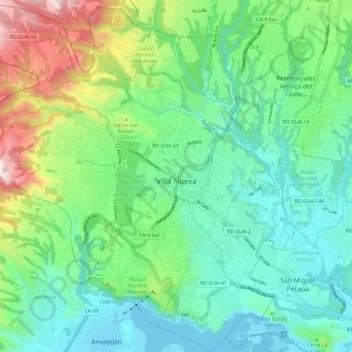 Mapa topográfico Villa Nueva, altitud, relieve