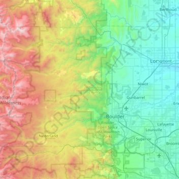 Mapa topográfico Boulder County, altitud, relieve
