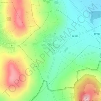 Mapa topográfico Chas, altitud, relieve