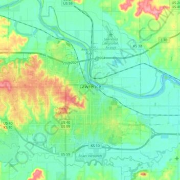 Mapa topográfico Lawrence, altitud, relieve