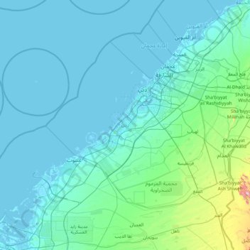 Mapa topográfico دبي, altitud, relieve