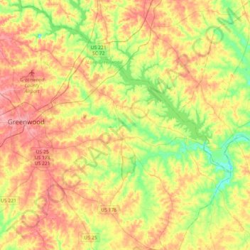 Mapa topográfico Lake Greenwood, altitud, relieve
