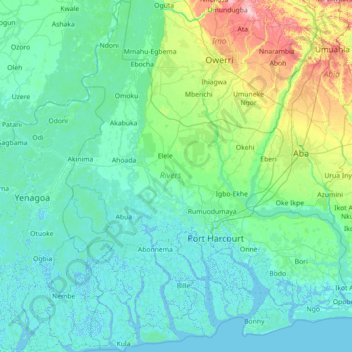 Mapa topográfico Estado de Rivers, altitud, relieve