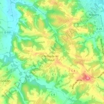 Mapa topográfico Arblade-le-Haut, altitud, relieve