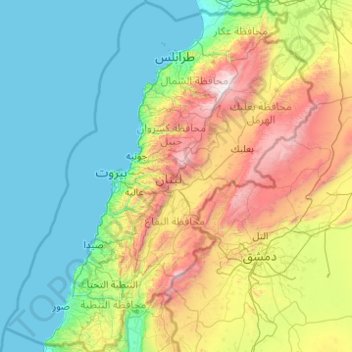 Mapa topográfico Lebanon, altitud, relieve