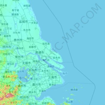 Mapa topográfico Shanghái, altitud, relieve