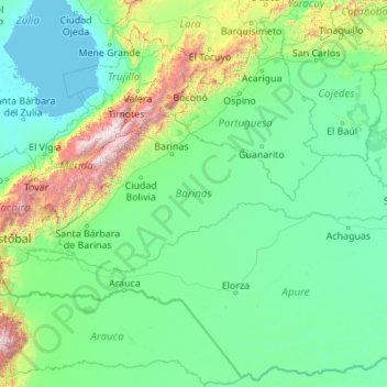 Mapa topográfico Estado Barinas, altitud, relieve