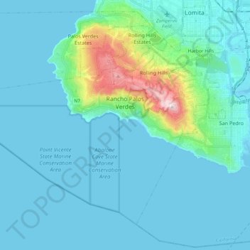 Mapa topográfico Rancho Palos Verdes, altitud, relieve