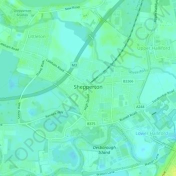 Mapa topográfico Shepperton, altitud, relieve