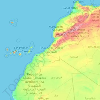 Mapa topográfico Maroc, altitud, relieve