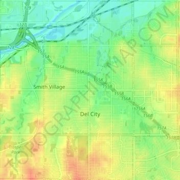 Mapa topográfico Del City, altitud, relieve