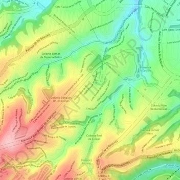 Mapa topográfico Bosques de las Lomas, altitud, relieve