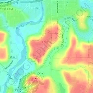 Mapa topográfico Skyline, altitud, relieve