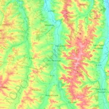 Mapa topográfico Vic-Fezensac, altitud, relieve