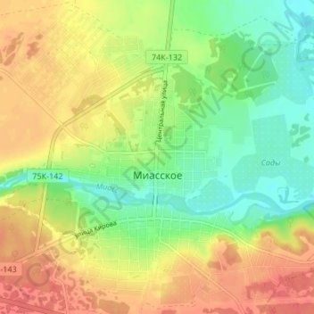 Mapa topográfico Миасское, altitud, relieve