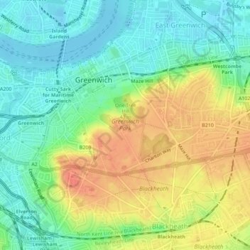 Mapa topográfico Greenwich Park, altitud, relieve