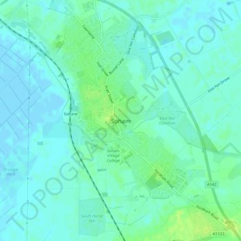 Mapa topográfico Soham, altitud, relieve