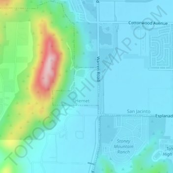 Mapa topográfico Hemet, altitud, relieve