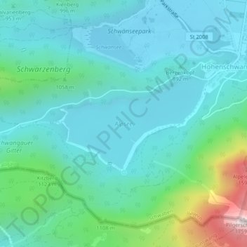 Mapa topográfico Alpsee, altitud, relieve