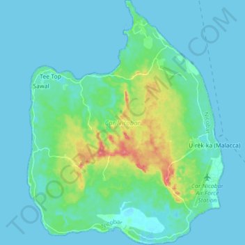 Mapa topográfico Car Nicobar Island, altitud, relieve